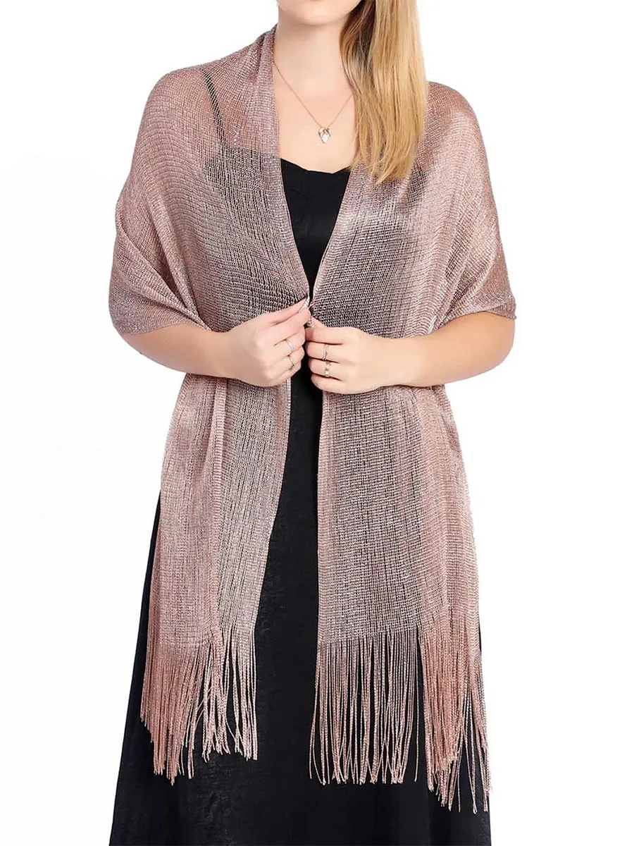2025 Women's Rose Gold Fringe Shawls Sparkling Metallic Scarf
