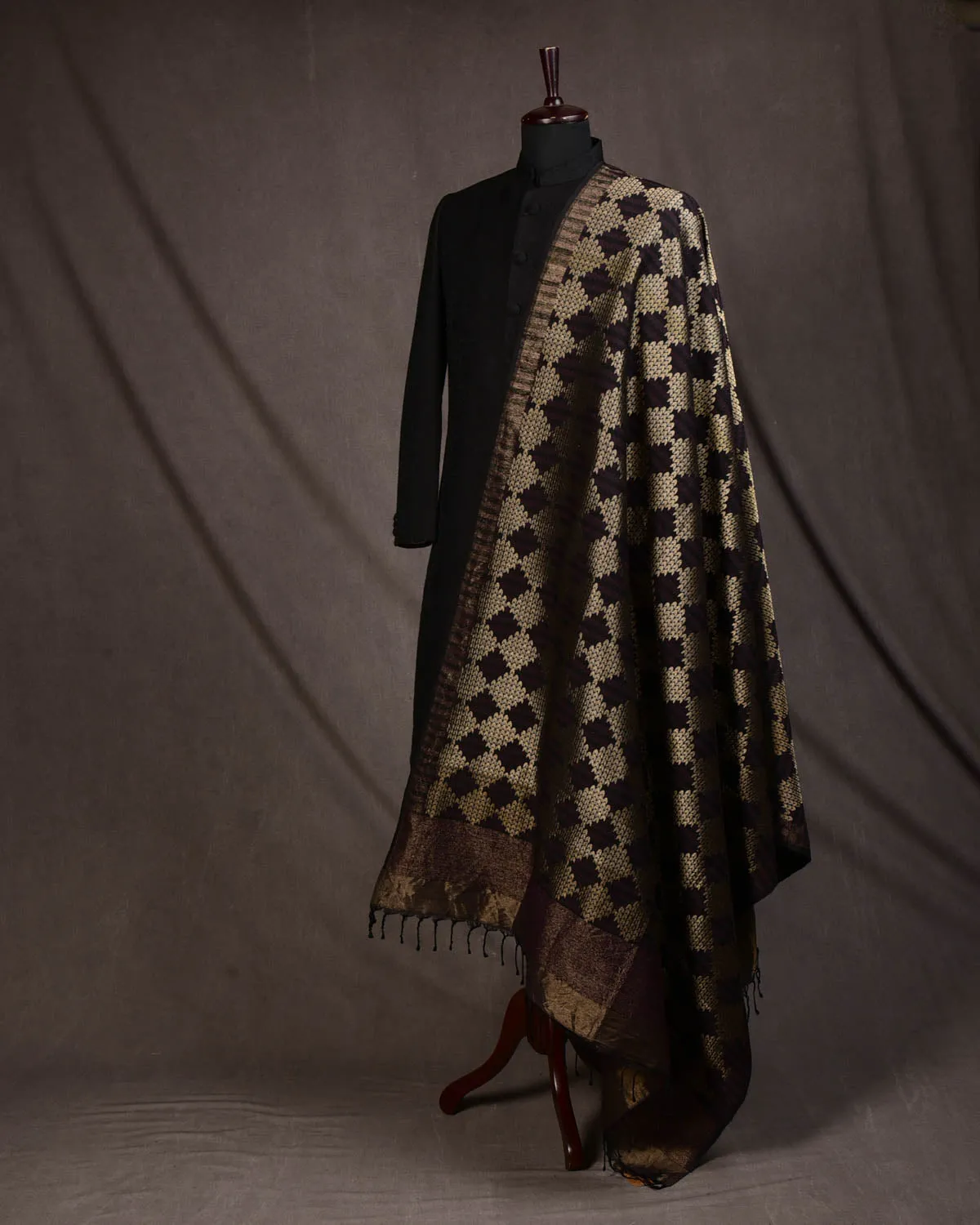 Black Banarasi Tehra Herringbone Brocade Handwoven Silk Wool Unisex Dress Shawl