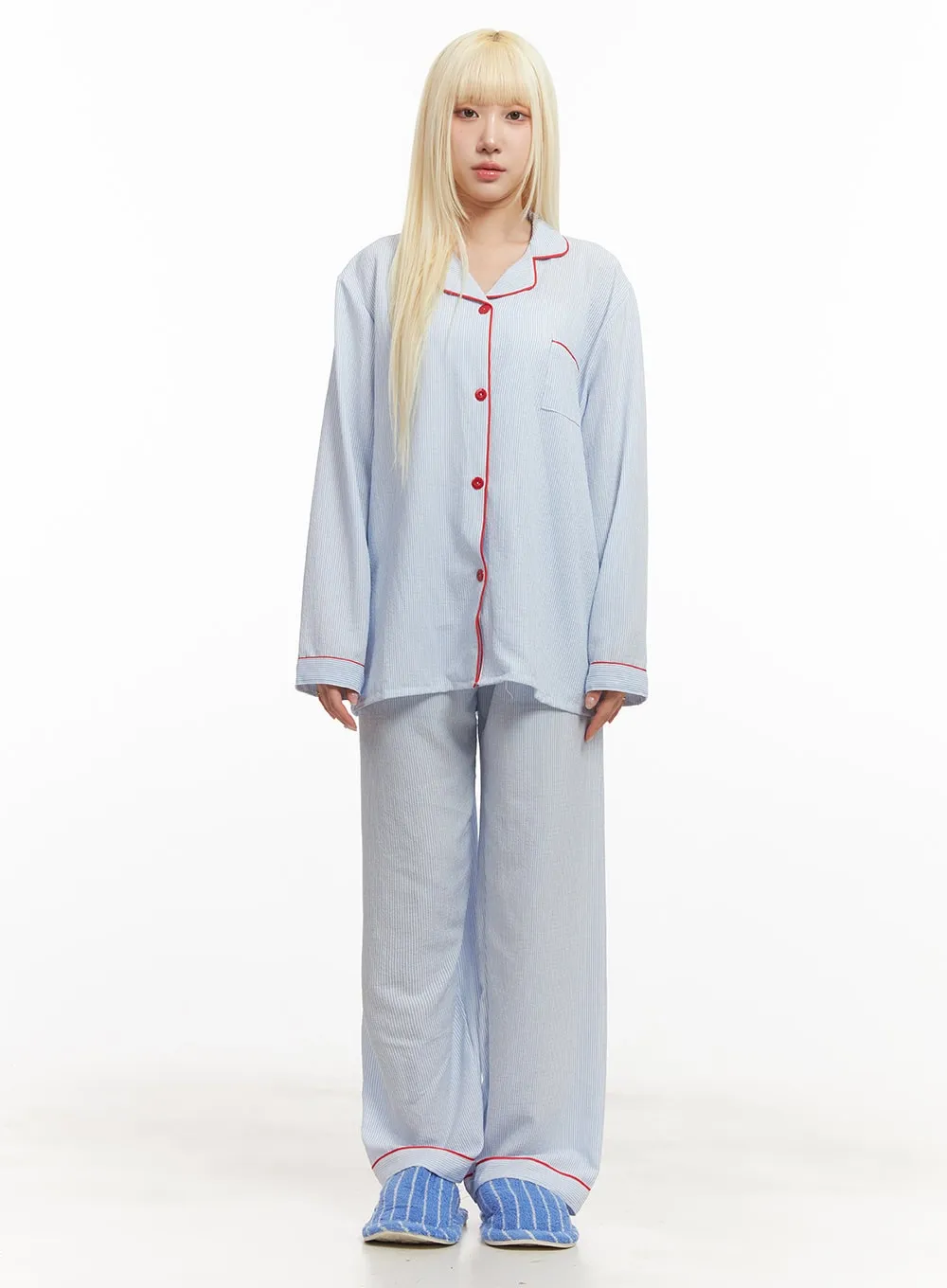 Comfy Stripe Buttoned Pajama Set IM504