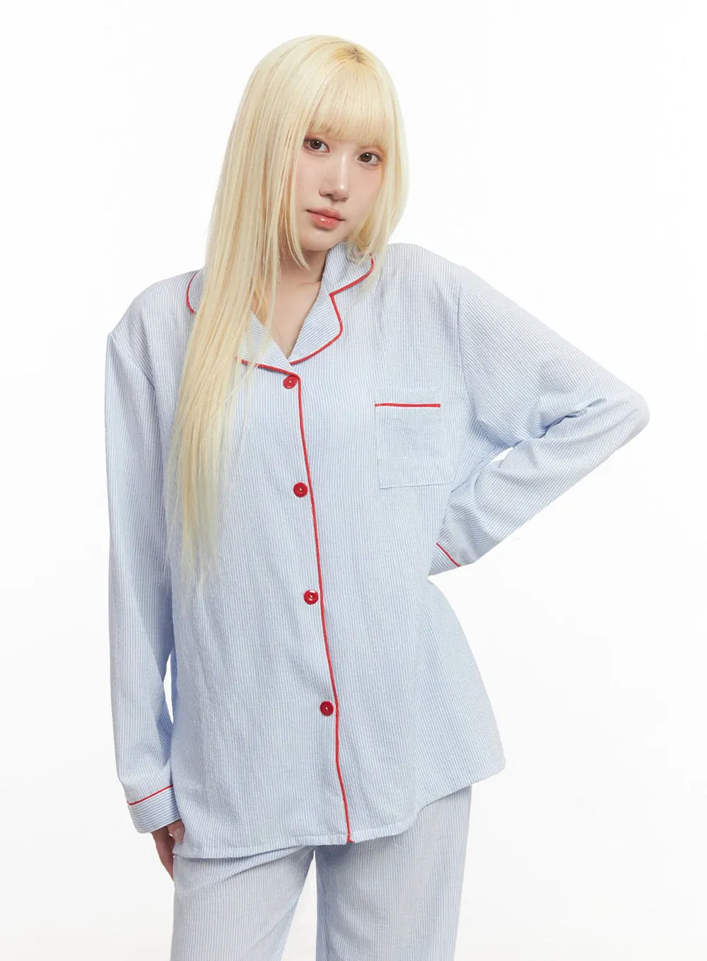 Comfy Stripe Buttoned Pajama Set IM504