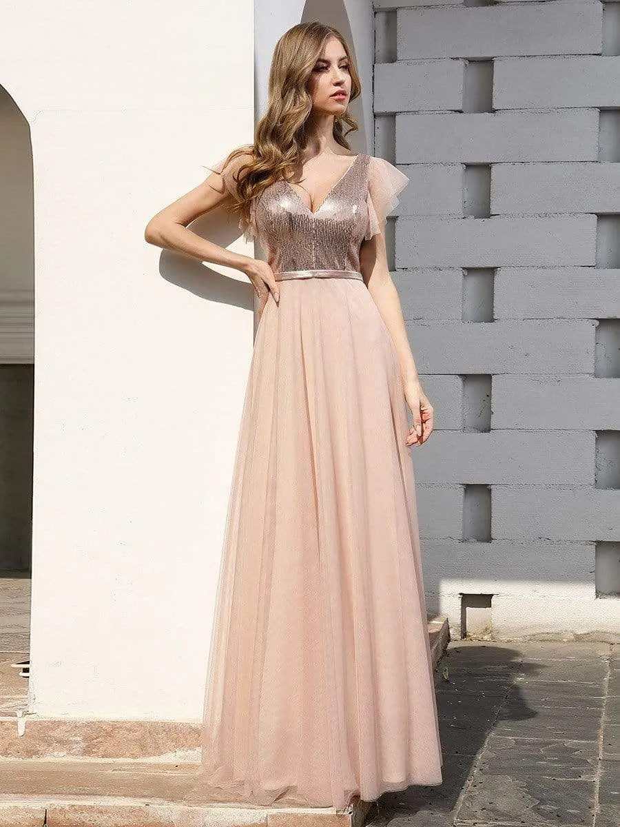 Deep Double V Neck Flowy Tulle Bridesmaid Dresses