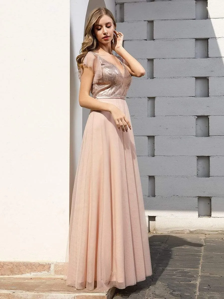 Deep Double V Neck Flowy Tulle Bridesmaid Dresses