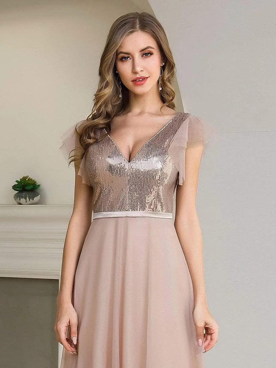 Deep Double V Neck Flowy Tulle Bridesmaid Dresses