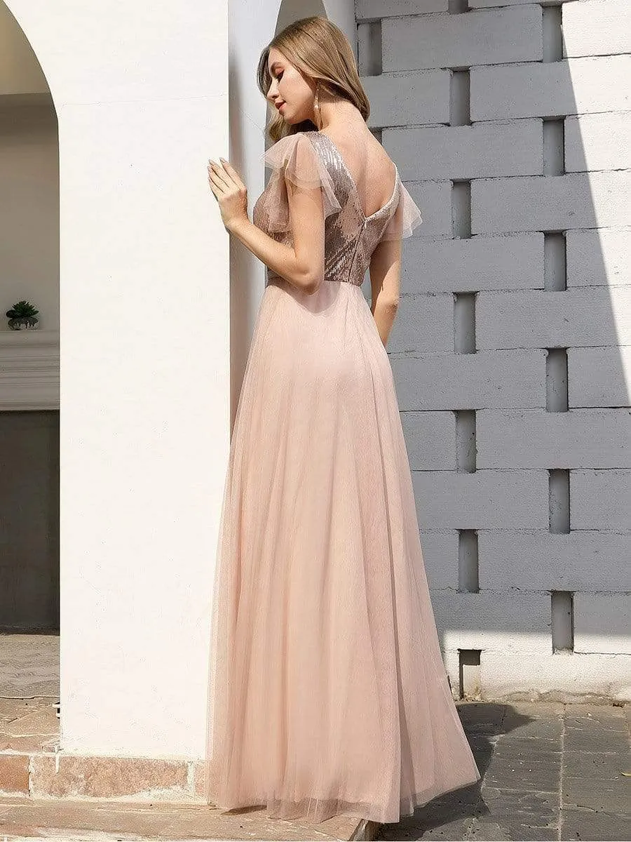Deep Double V Neck Flowy Tulle Bridesmaid Dresses