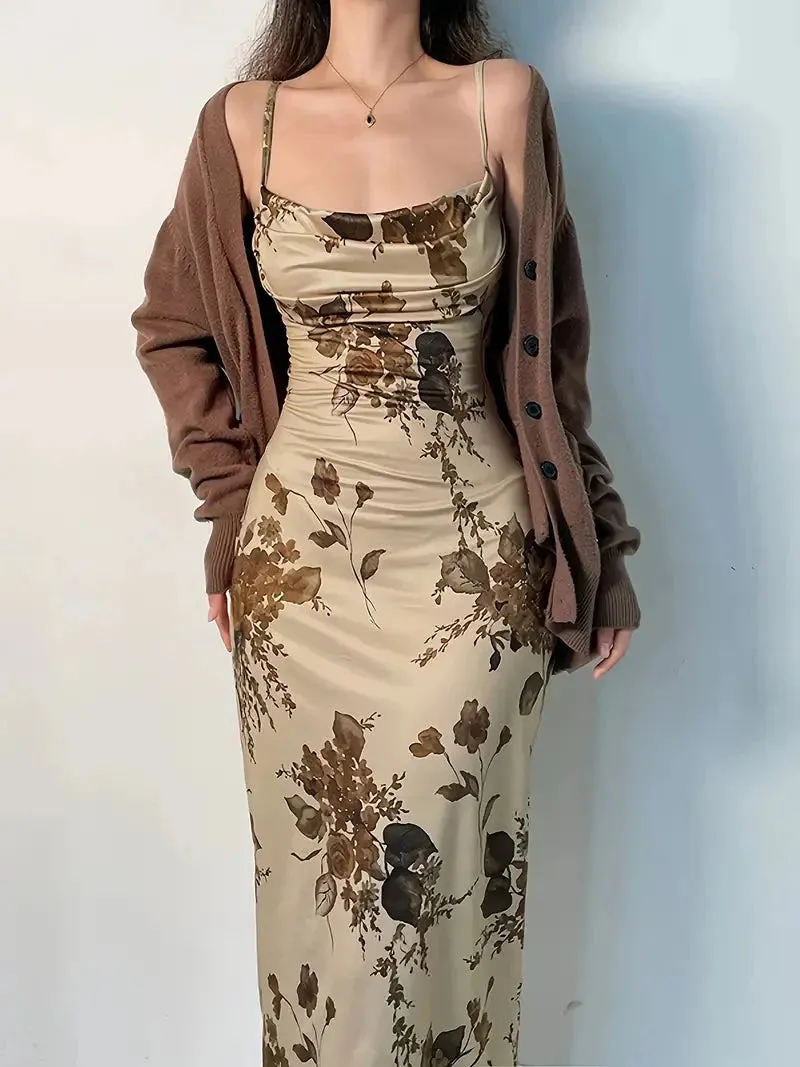 Flytonn- Vintage Floral Print Maxi Dress