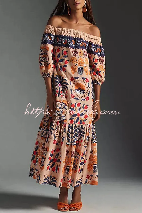 Island Lover Printed Off The Shoulder Pocketed Flowy Midi Dress