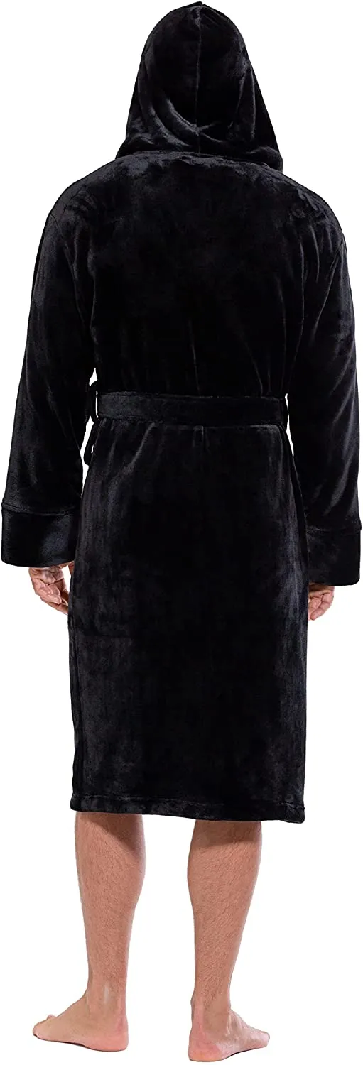 Men's Black Soft Fuzzy Hooded Long Sleeve Robe