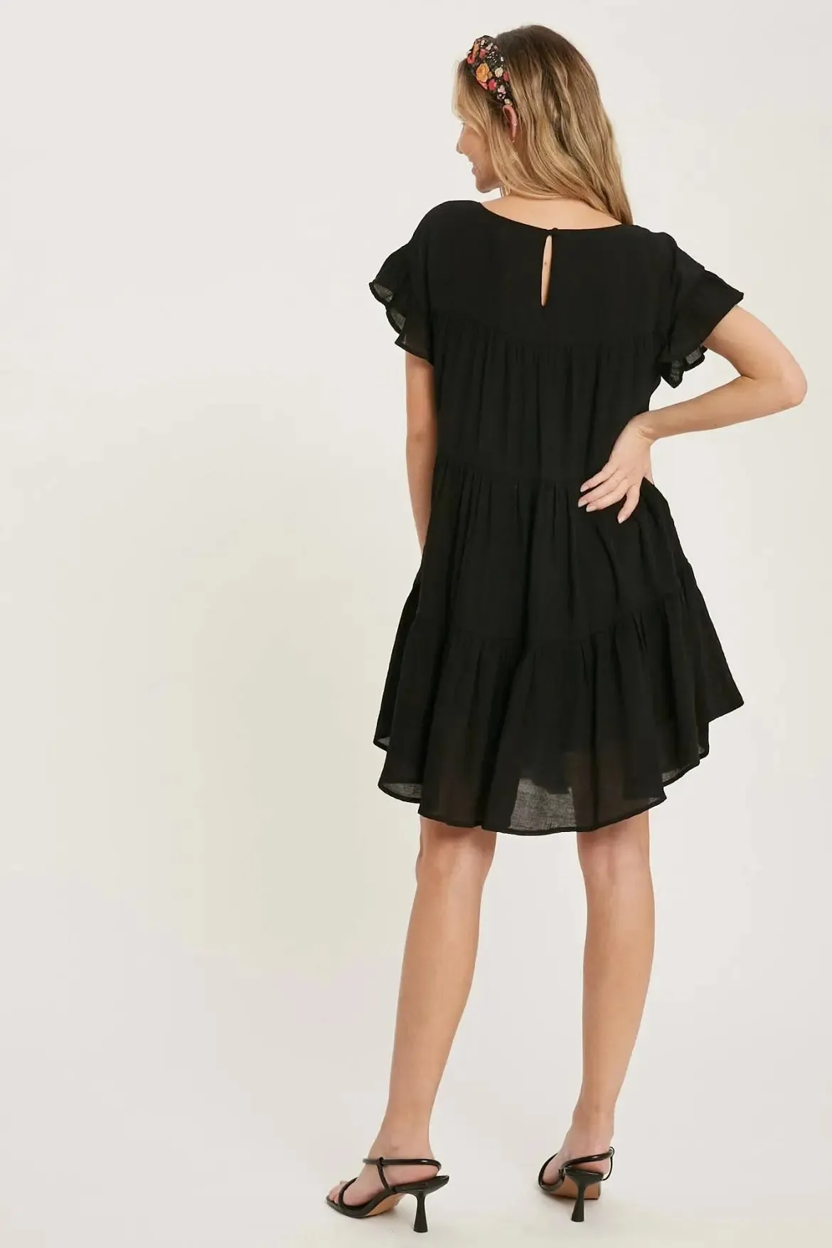 Ruffle Hem Tiered Black Baby-Doll Dress